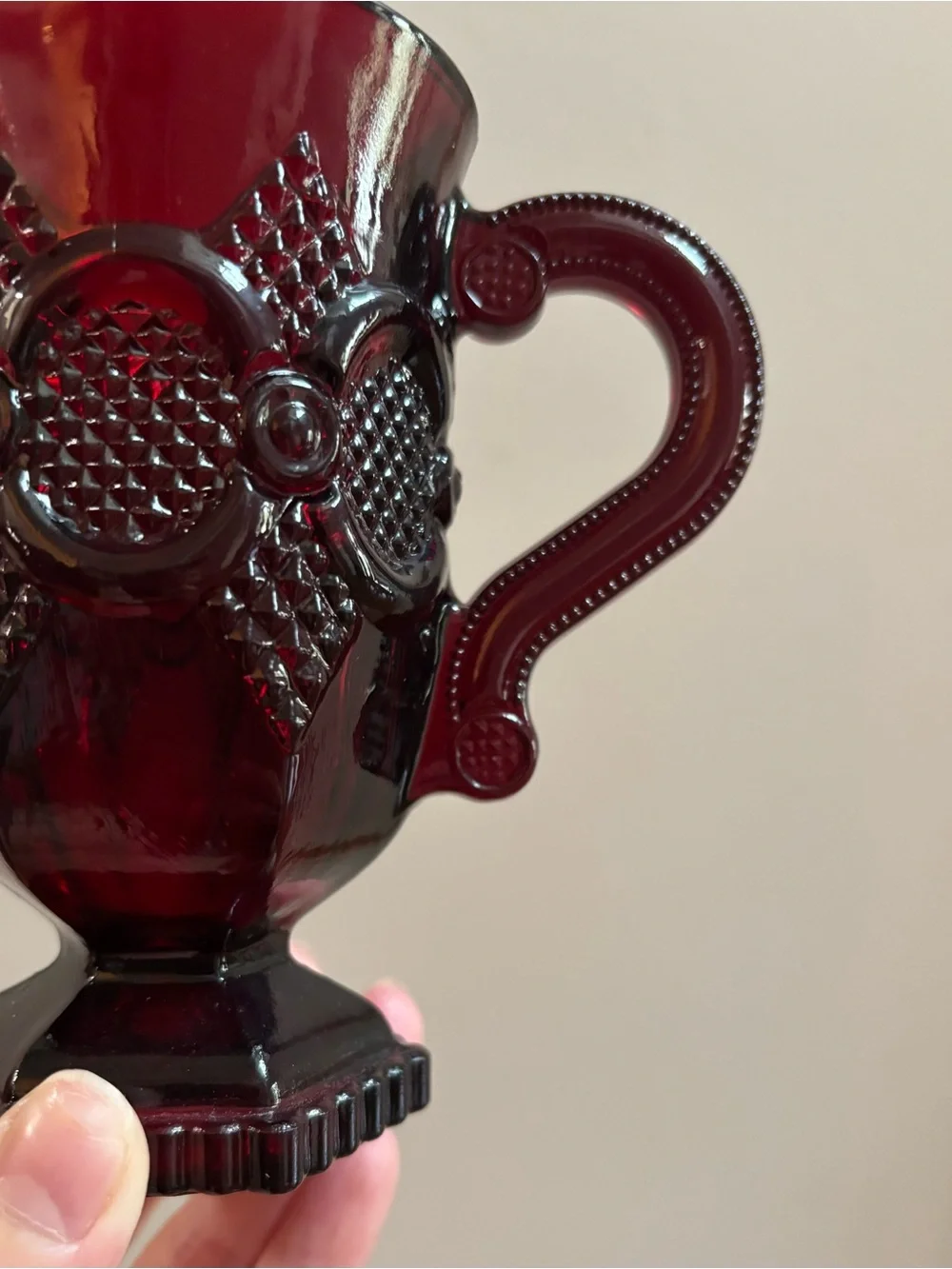 Set of 6 Vintage Ruby Red Avon Cape Cod 1976 Embossed Pedestal Glass Mugs